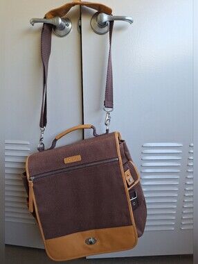 BODHI Genuine Leather & Canvas Messenger Bag Briefcase Brown 12x13"